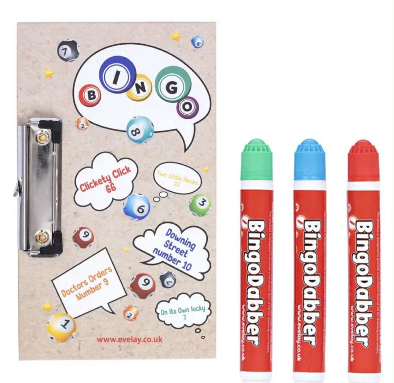 Bingo Board with Clasp Clip and 3 Colorful Dabbers