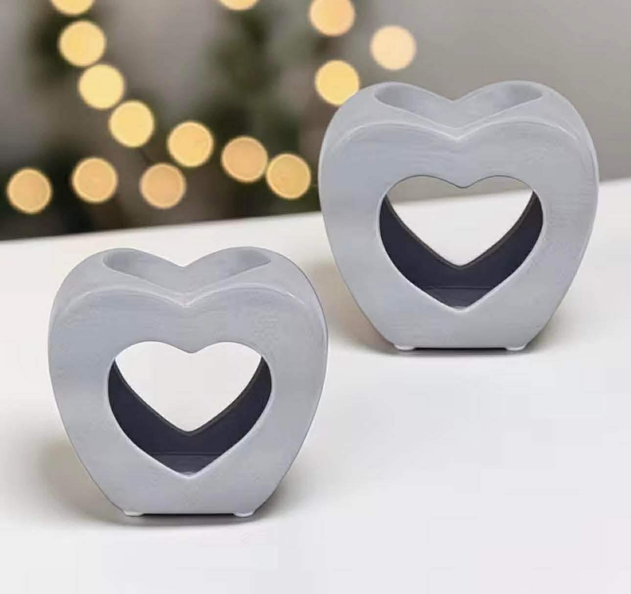 Set Of 2 Grey Heart Shape Tea Light Wax Melt Warmer Oil Burner
