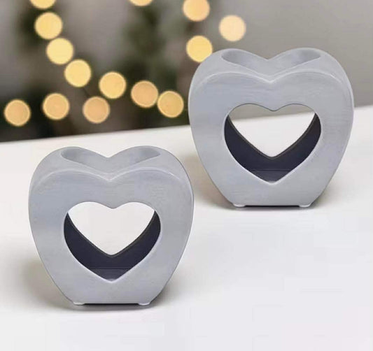 Set Of 2 Grey Heart Shape Tea Light Wax Melt Warmer Oil Burner