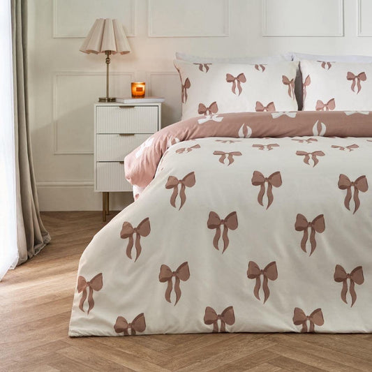 Bow Print Reversible Duvet Cover Set - Ivory/Natural
