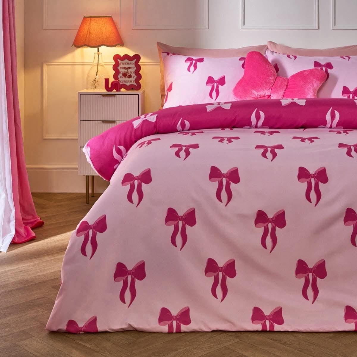 Bow Print Reversible Duvet Cover Set - Pink/Hot Pink