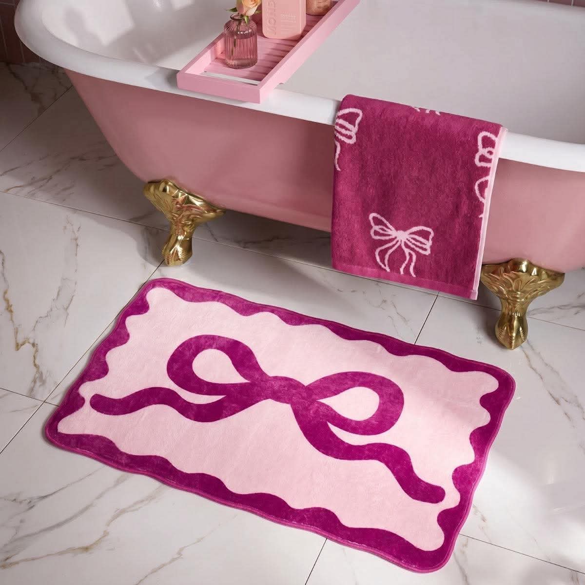 Bow Print Velvet Bath Mat - Burgundy/Pink
