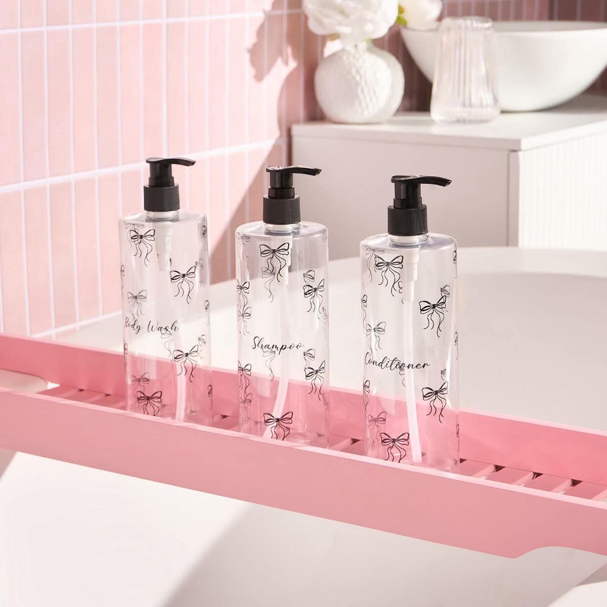 Bows Dispenser Bottles, Clear/Black - 3 Pack