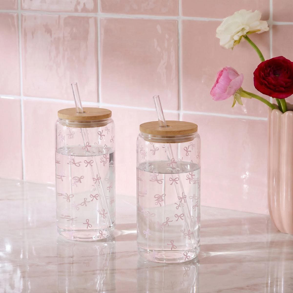 Bow Print Plastic Drinking Jars  - 2 Pack