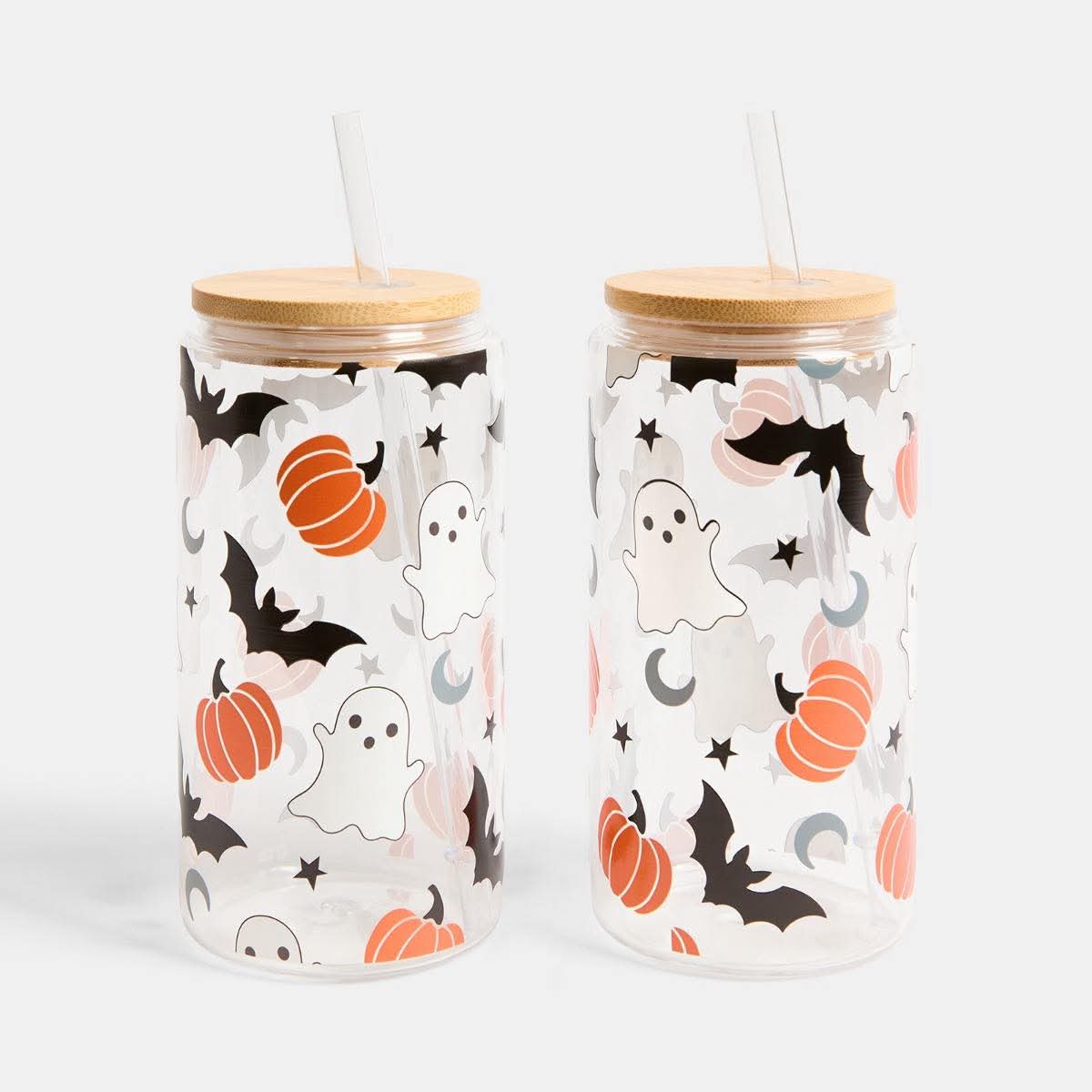 2 Pack Ghost Bat Print Plastic Drinking Jars