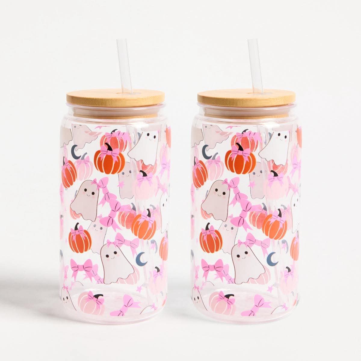 2 Pack Ghost Bow Print Plastic Drinking Jars