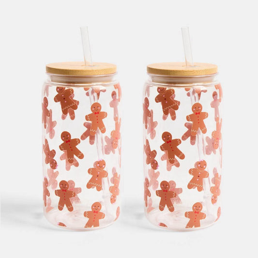 2 Pack Gingerbread Print Plastic Drinking Jars