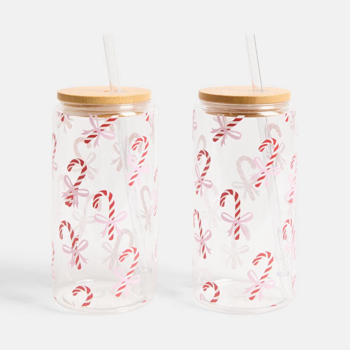2 Pack Candy Cane Print Plastic Drinking Jars