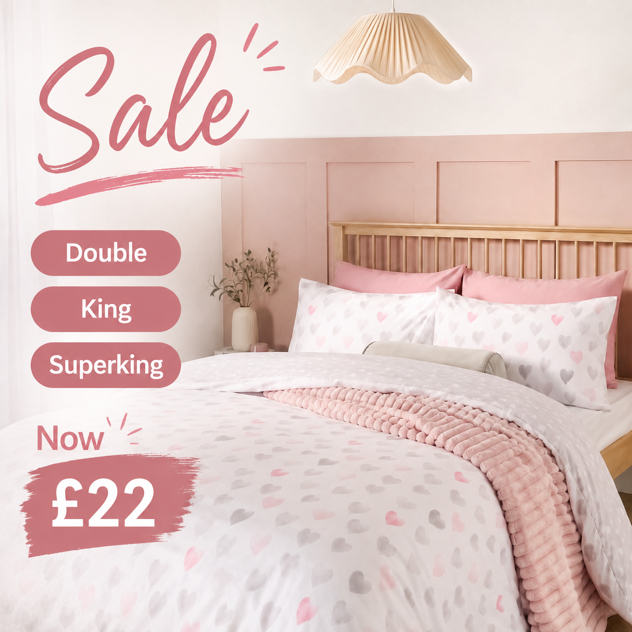 Heart Print Reversible Watercolour Duvet Cover Set - Pink/Grey