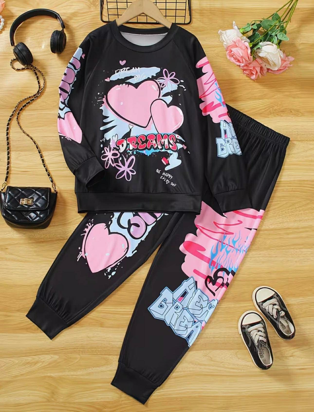Girls Heart Doodle Print Tracksuit