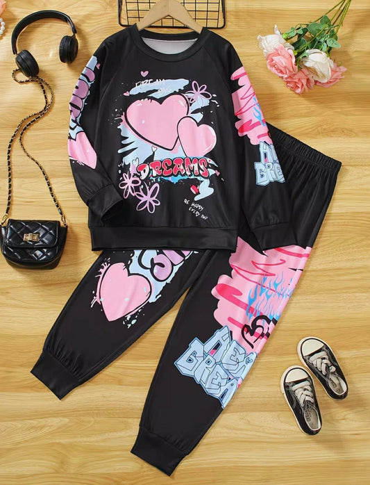 Girls Heart Doodle Print Tracksuit