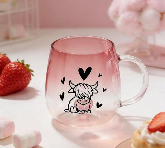 A Unique Glass Mug Featuring a Highland Cow And Heart Gradient Design