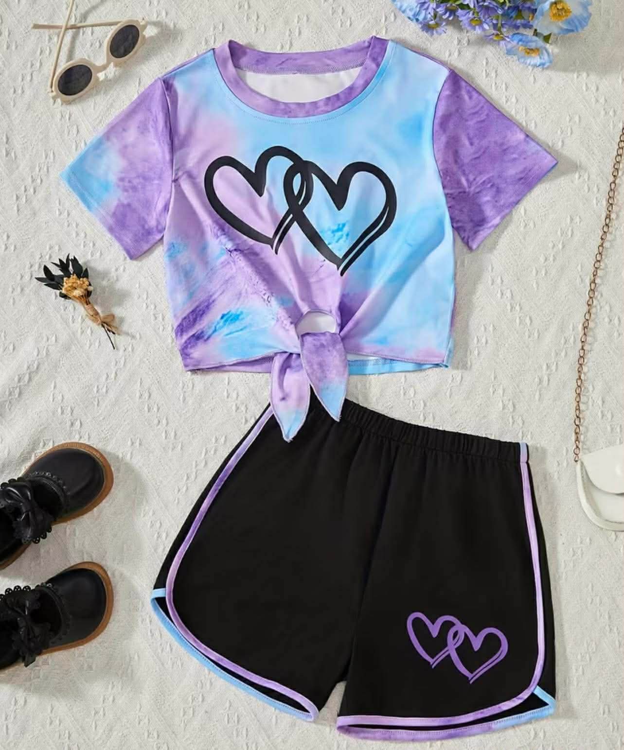 Girls Heart Print Tie-Up T-Shirt + Shorts Set