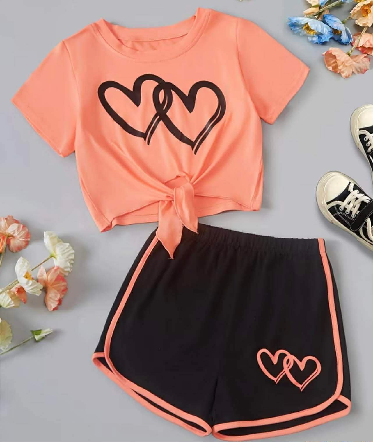 Girls Heart Print Tie-Up T-Shirt + Shorts Set