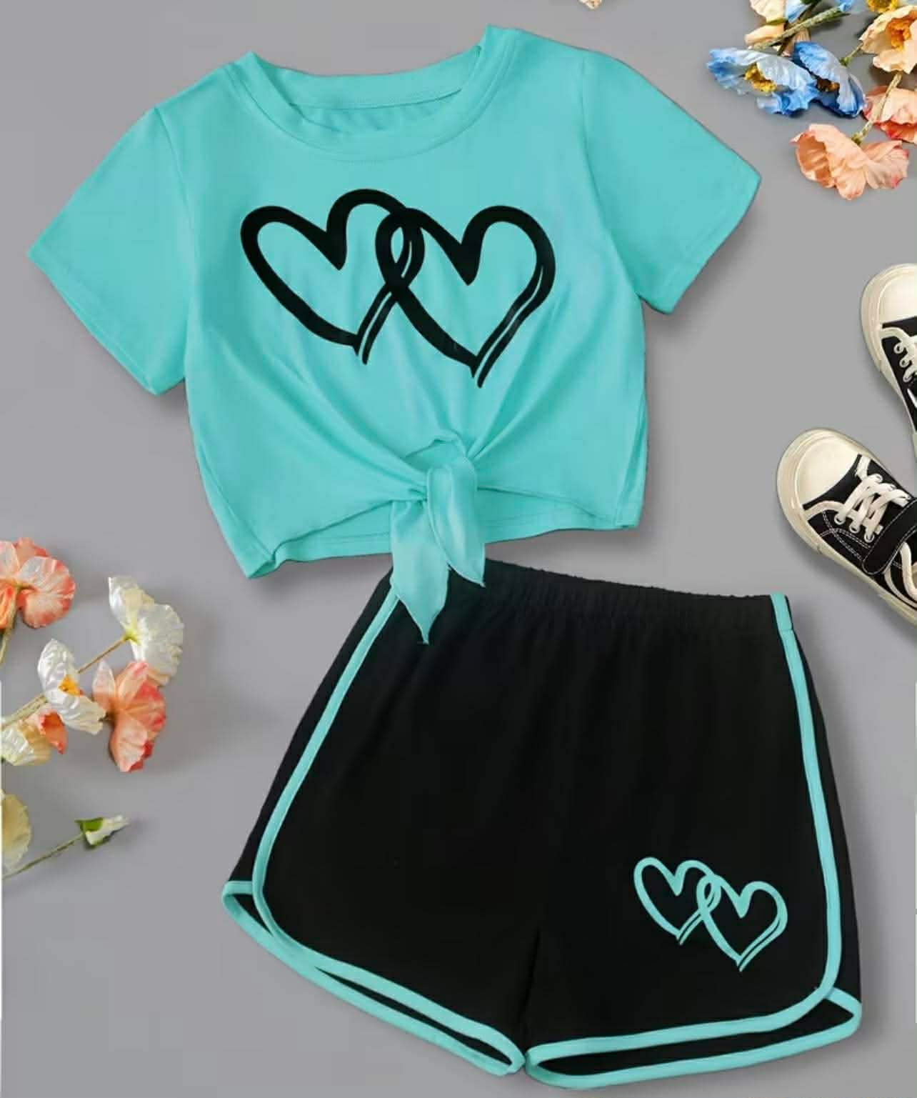 Girls Heart Print Tie-Up T-Shirt + Shorts Set