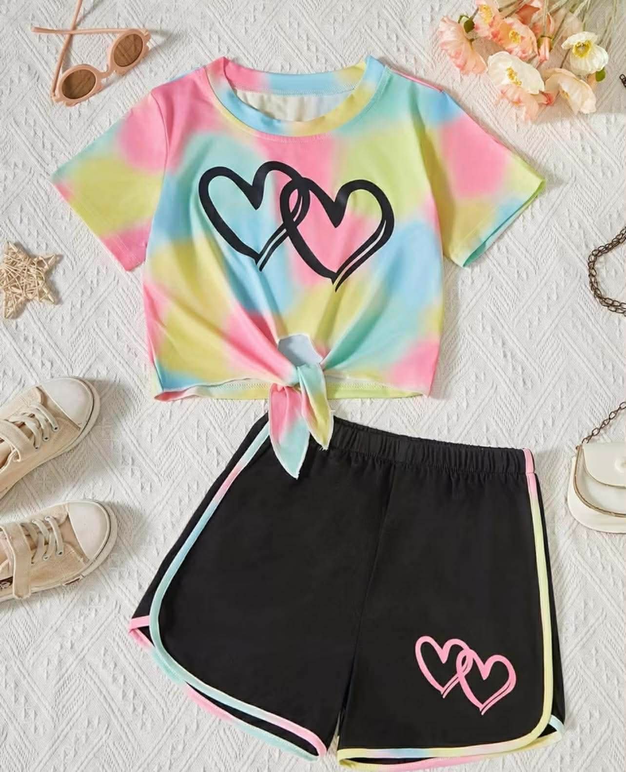 Girls Heart Print Tie-Up T-Shirt + Shorts Set