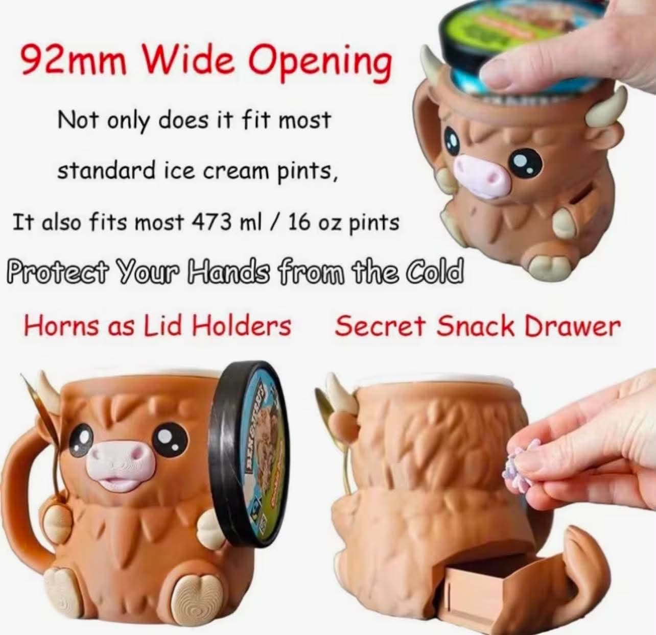 Reusable Highland Cow Ice Pint Holder with Snack Drawer