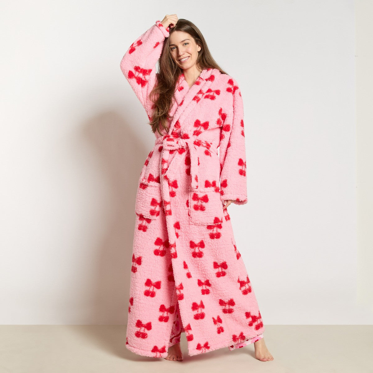 Cherry Bow Teddy Fleece Floor Length Dressing Gown