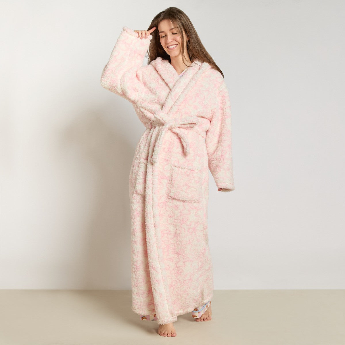 Ribbon Bow Teddy Fleece Floor Length Dressing Gown - Pink/White