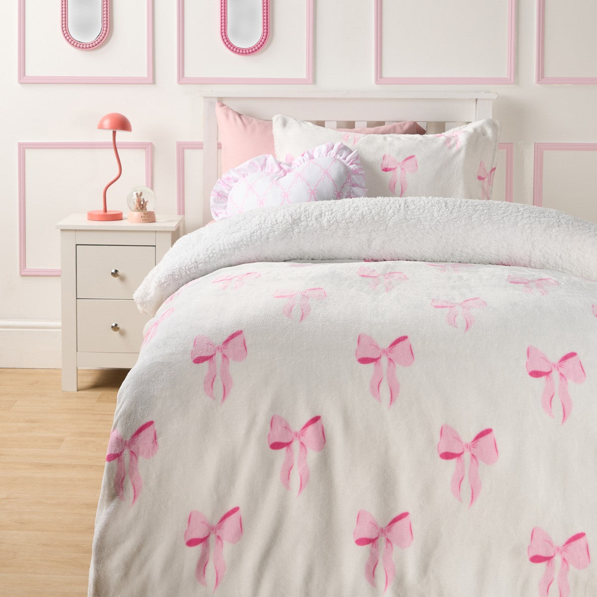 Bow Print Fleece Duvet Cover Set - Pink/White