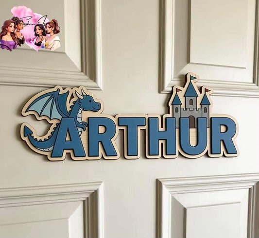 2D Custom Personalized Wooden Castle and Dragon Name Sign
