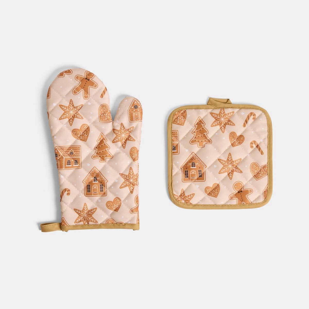 Gingerbread Print Oven Mit & Pot Stand Set - Brown
