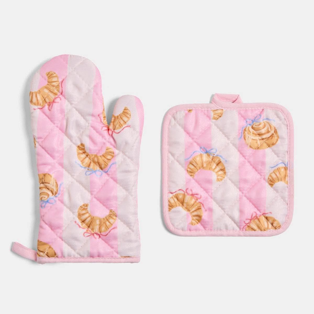 Croissant Print Oven Mit & Pot Stand Set - Pink/White