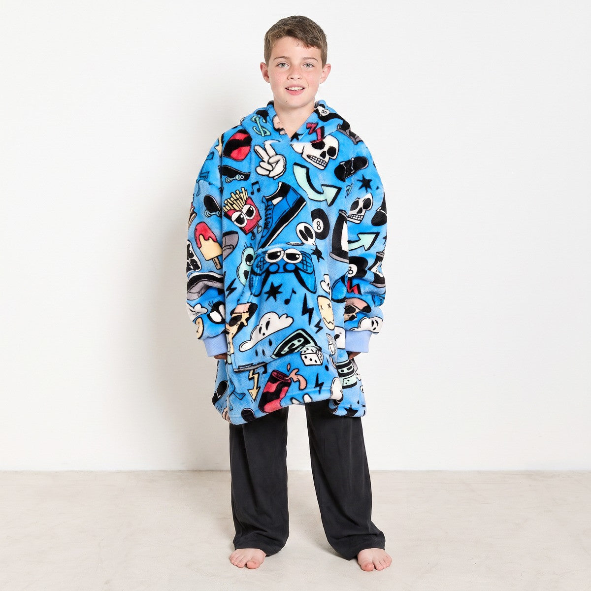 Kids Cartoon Print Hoodie Blanket - Blue