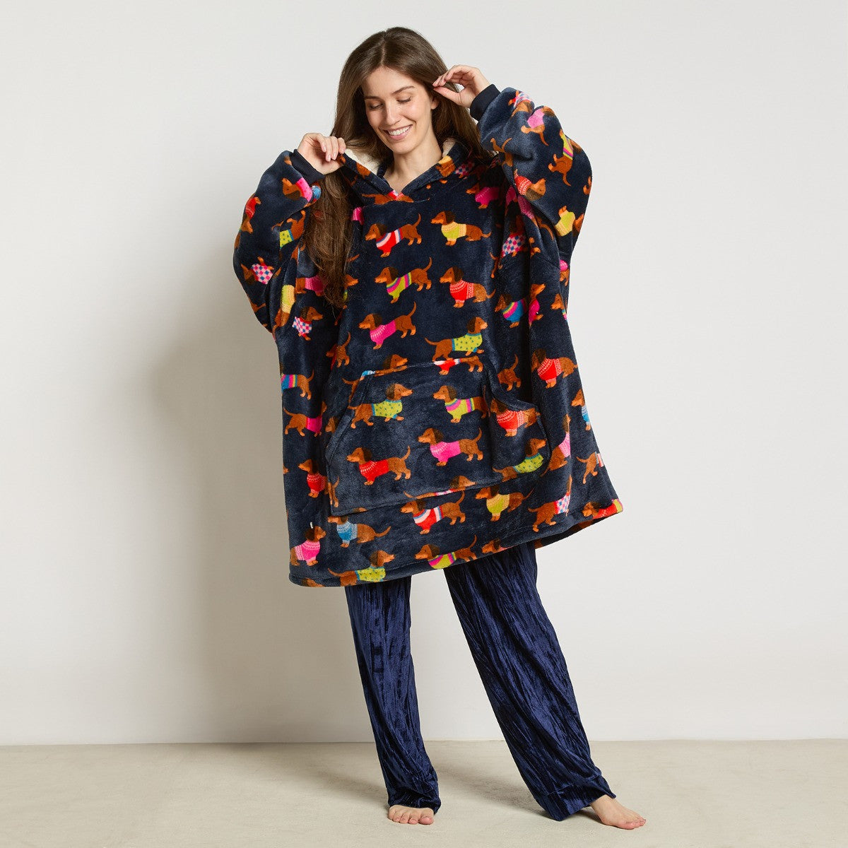 Sausage Dog Print Hoodie Blanket - Navy