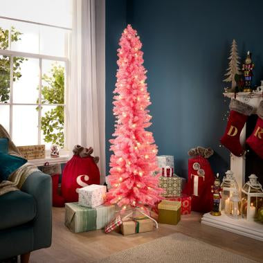 Artificial Pencil Pre-Lit Christmas Tree with Warm White LEDs, Hot Pink - 6ft
