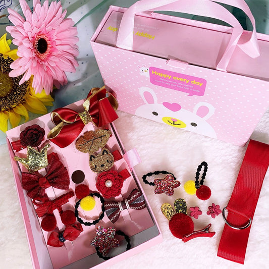 18pcs Girls Hair Accessories Boxed Gift Set – Wine Red