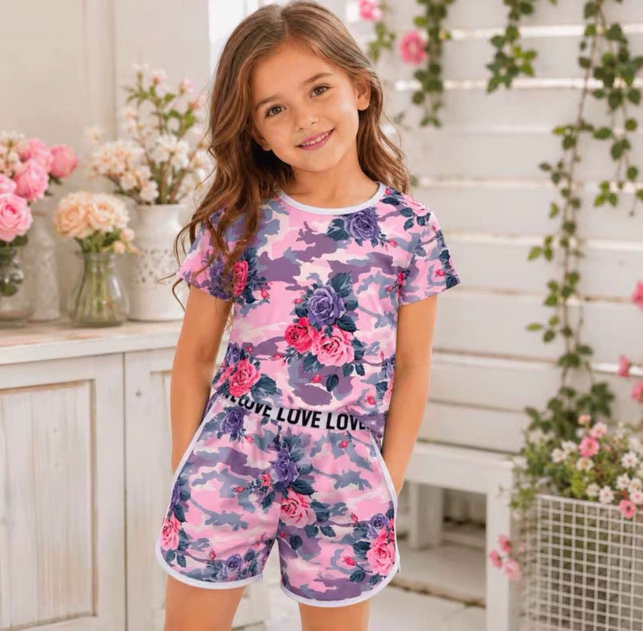Girls Camo Floral Short Set