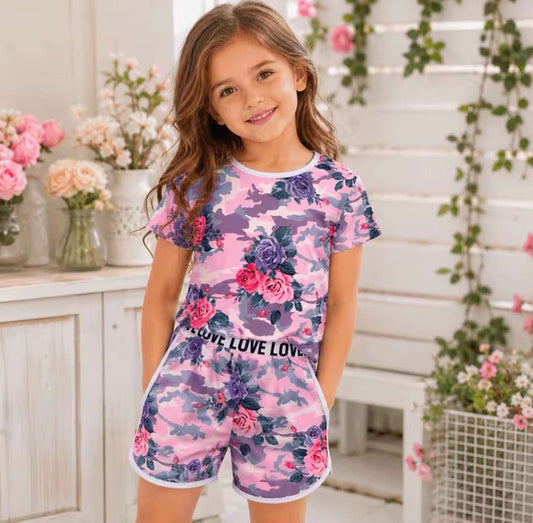 Girls Camo Floral Short Set