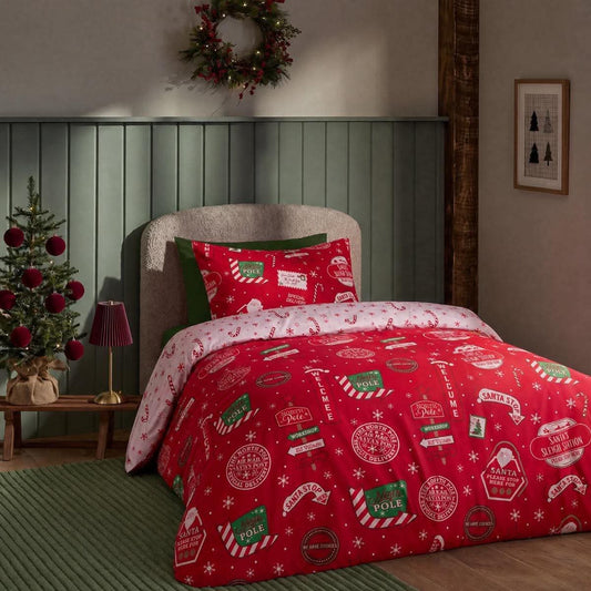 Santa Stop Here Slogan Reversible Duvet Cover Set - Single / Pre-Order