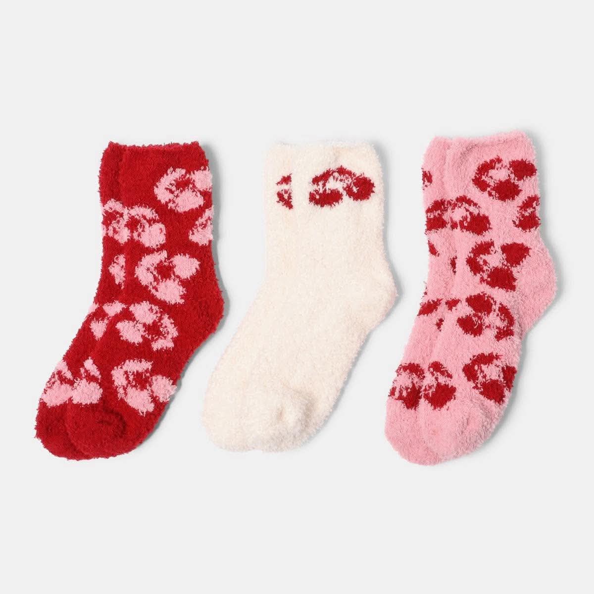 Cherry Print Fluffy Fleece Socks, Pink/Red - 3 Pack