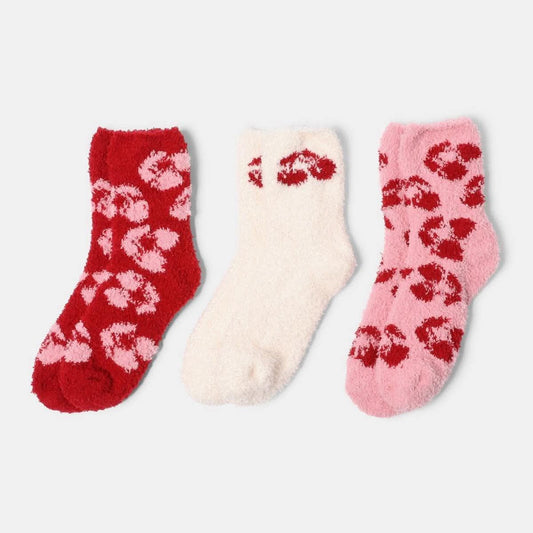 Cherry Print Fluffy Fleece Socks, Pink/Red - 3 Pack