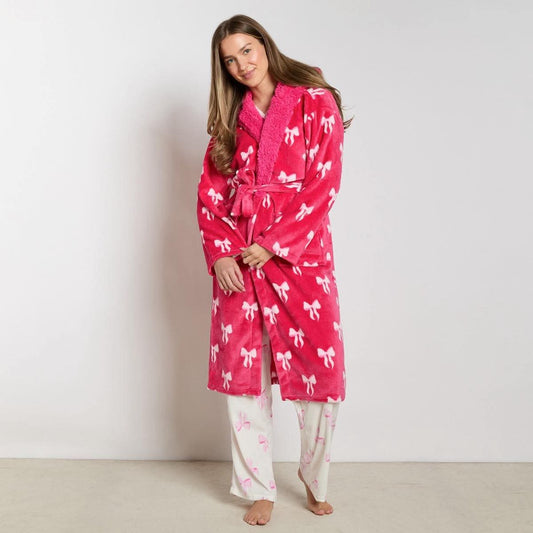 Bow Print Dressing Gown Adults - Hot Pink
