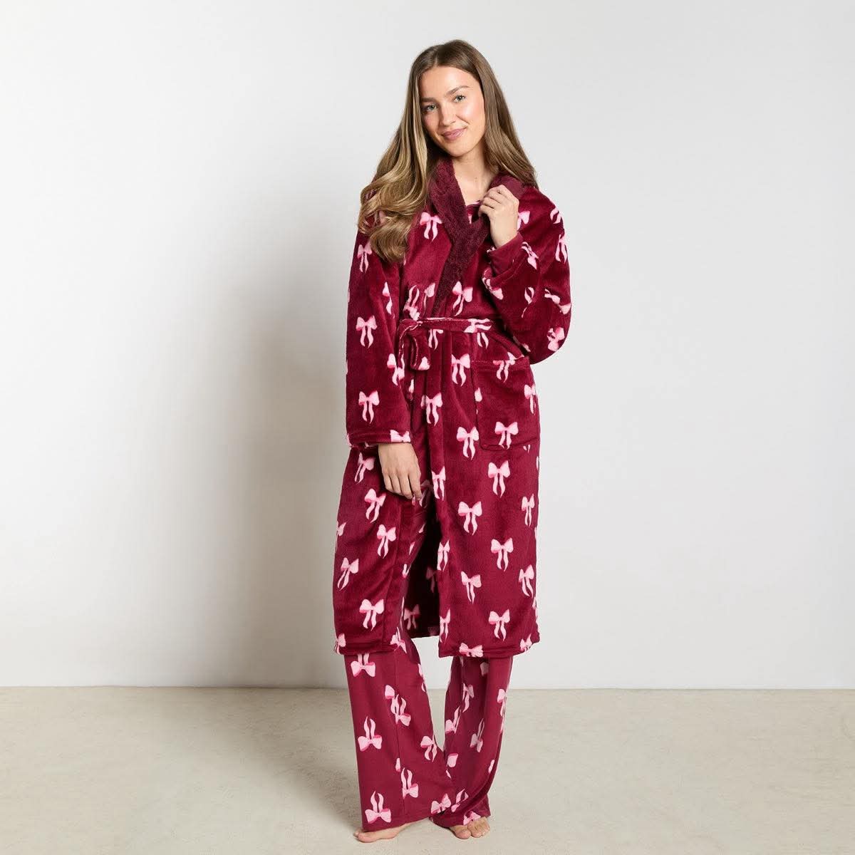 Bow Print Dressing Gown Adults - Burgundy