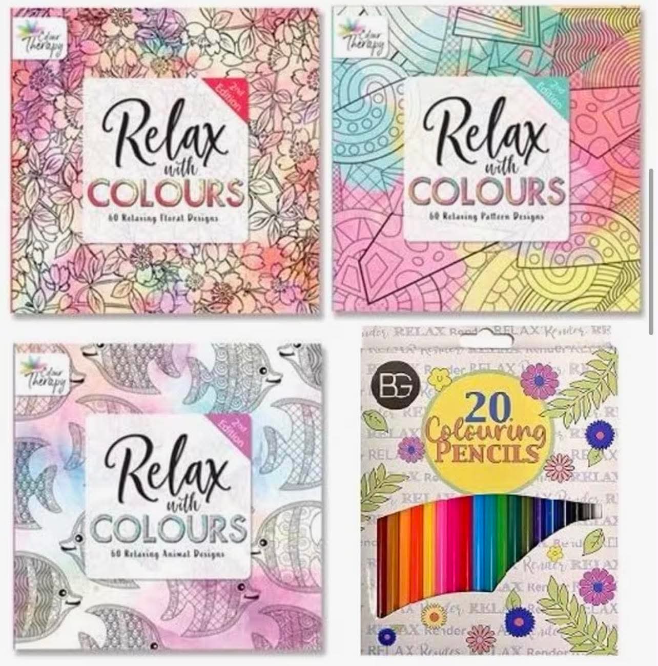 Colouring Therapy Adult Colouring Books + 20 Colouring Pencils