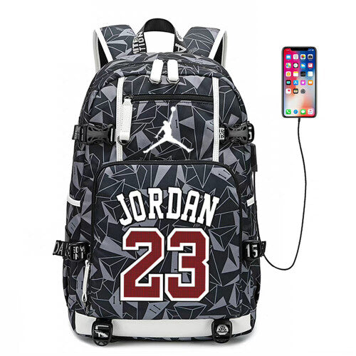 Grey Basketball Player Jordan Logo Backpack USB Taptop Rucksack