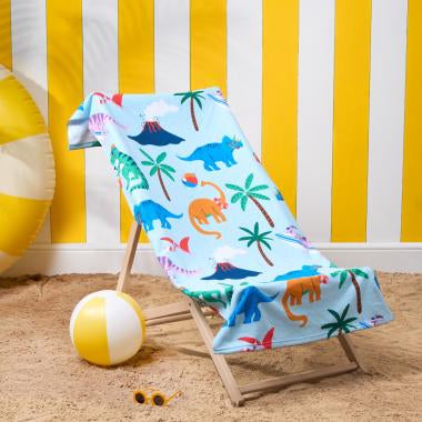 Dinosaurs at the Beach Print Beach Towel - Blue