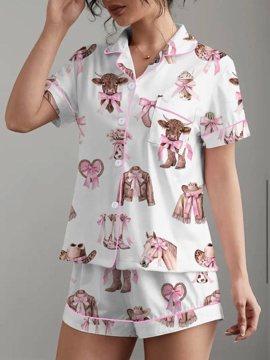 Ladies pink bow short set
