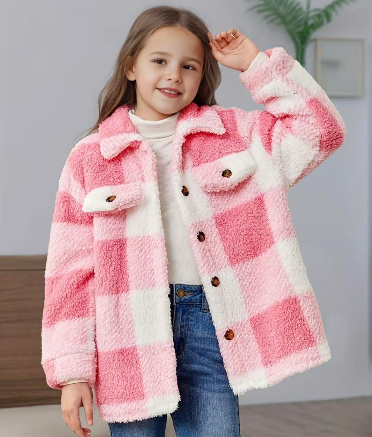 Girls Winter Pink Fleece Checkered Jacket