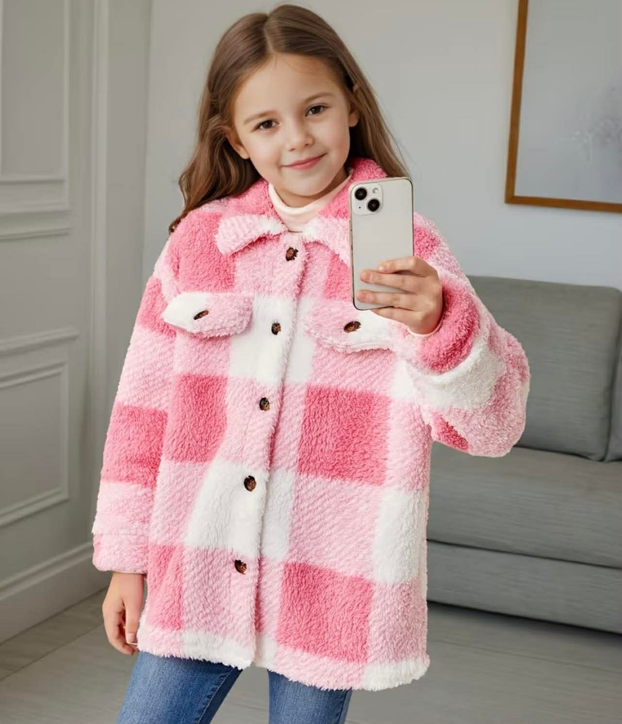 Girls Winter Pink Fleece Checkered Jacket