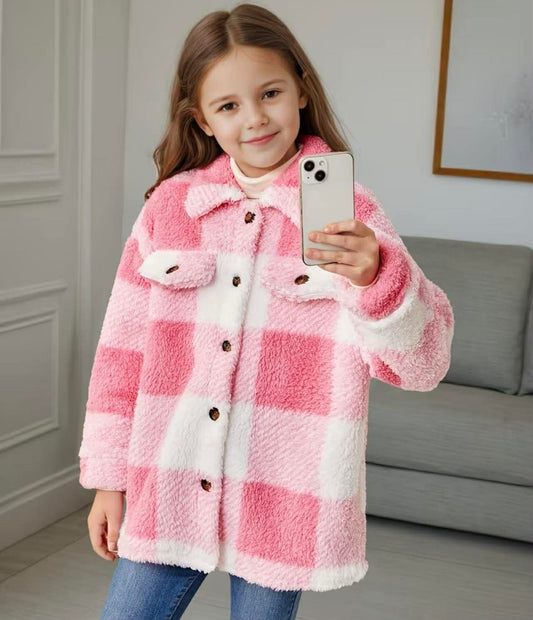 Girls Winter Pink Fleece Checkered Jacket