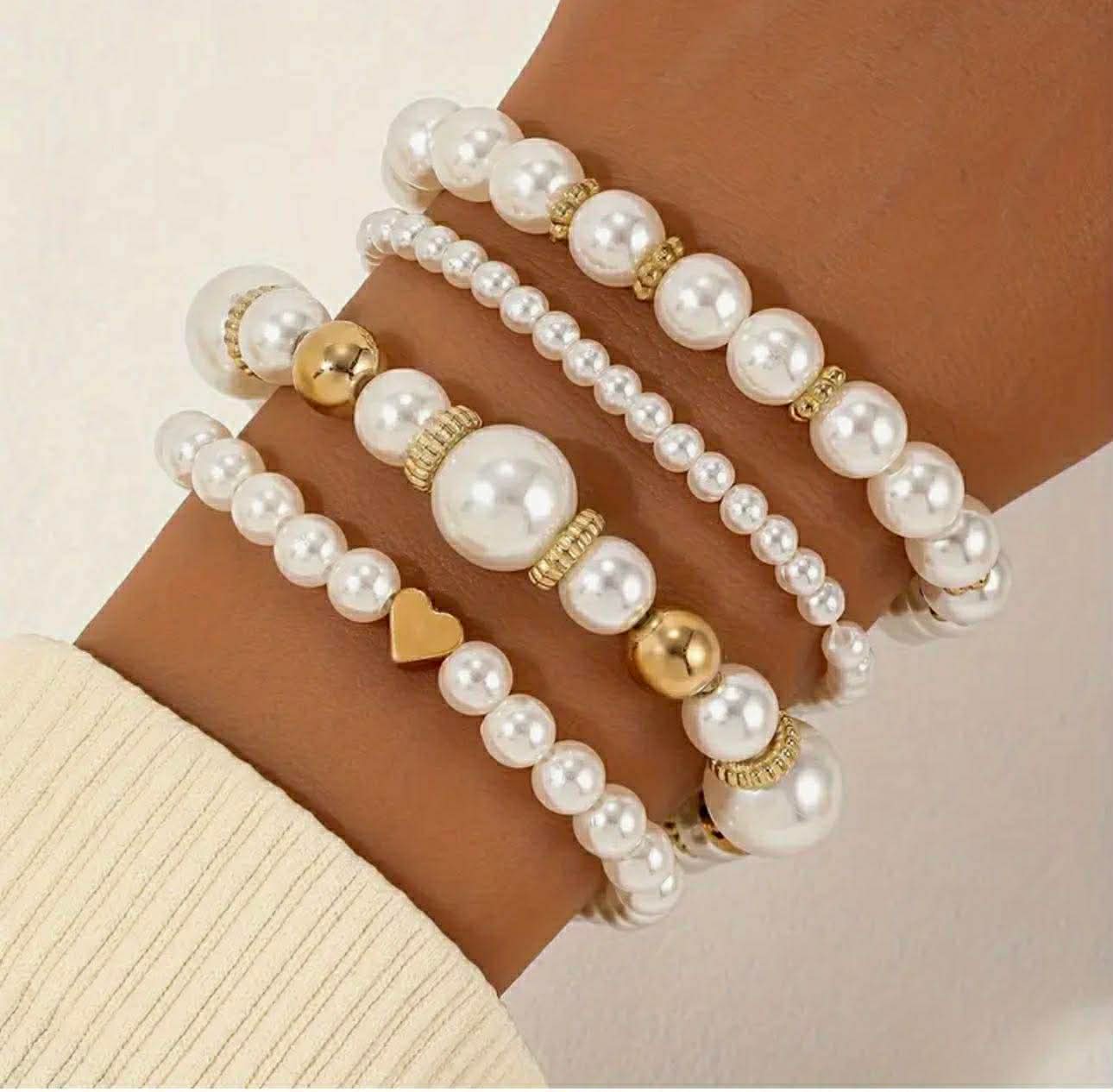 Elegant 4pcs White Faux Pearl Bracelet Set
