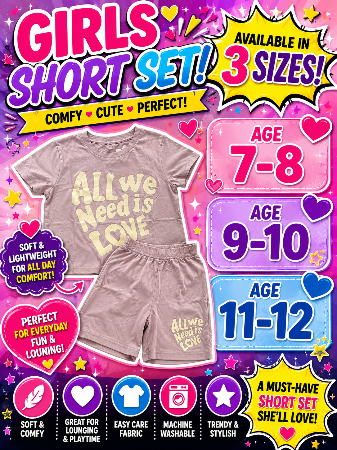 Girls All We Need Is Love Lilac Short Set