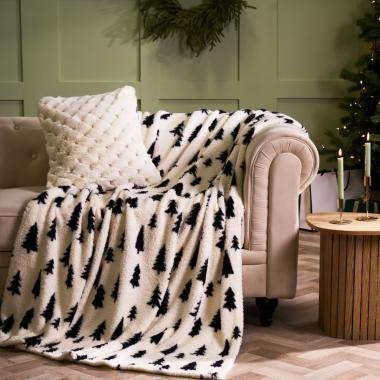 Christmas Tree Print Teddy Throw - Monochrome
