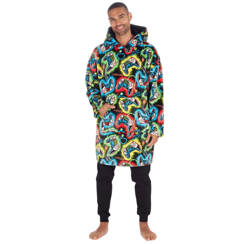ADULTS UNISEX PLUSH GAMING DESIGN OVERSIZED HUGGABLE HOODIE - BLACK