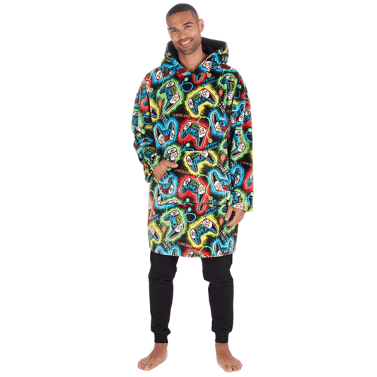 ADULTS UNISEX PLUSH GAMING DESIGN OVERSIZED HUGGABLE HOODIE - BLACK